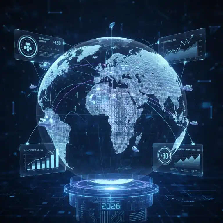Global trade network map with economic data, symbolizing future trade agreements in 2026.
