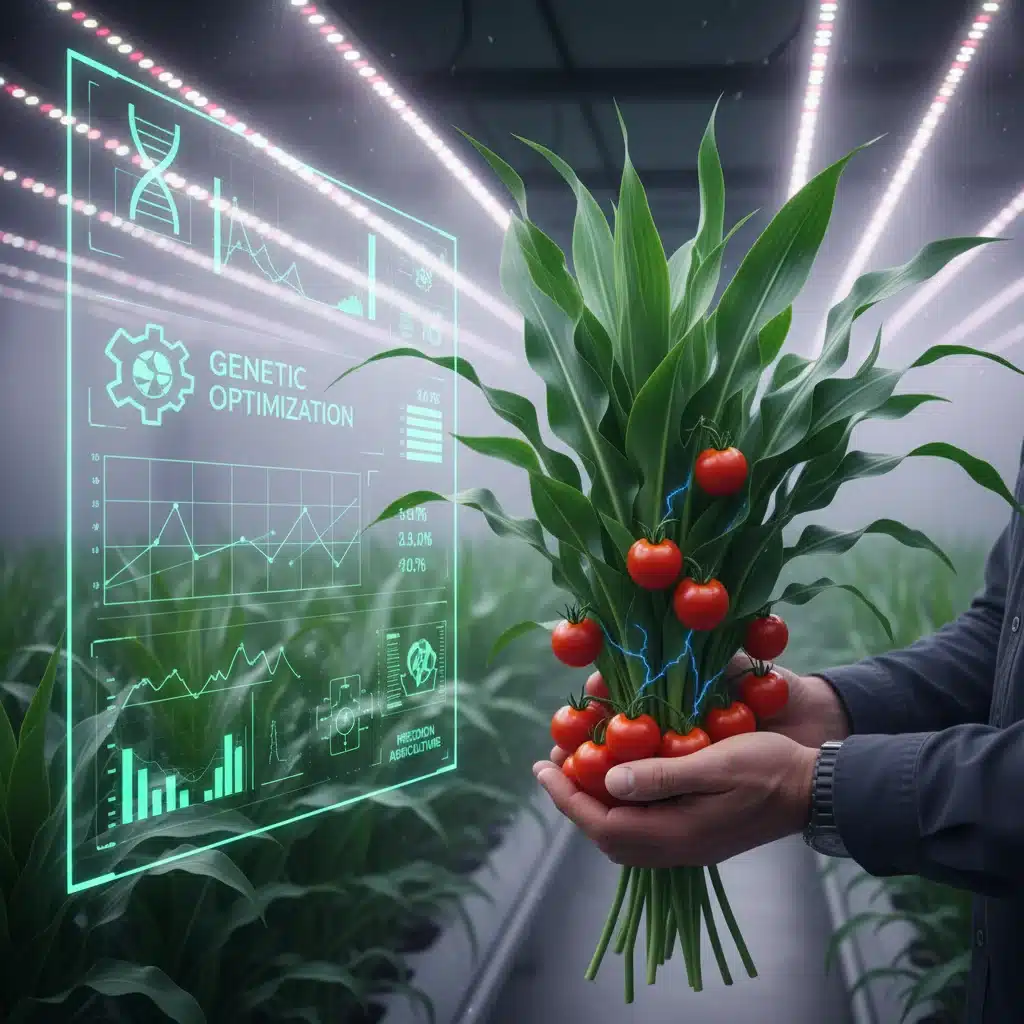 Farmer inspecting genetically modified crops with precision agriculture data