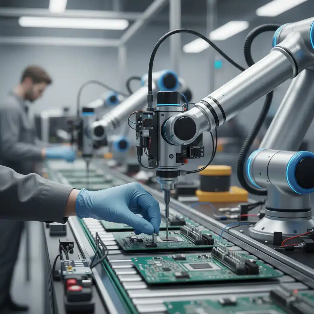 Human and robot hands collaborating on an assembly line, symbolizing automation integration in the workforce.