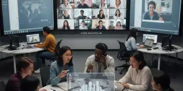 The Future of Hybrid Learning: 4 Models Dominating US Education in 2026 Students engaged in a modern hybrid learning environment, combining in-person and remote participation with technology.