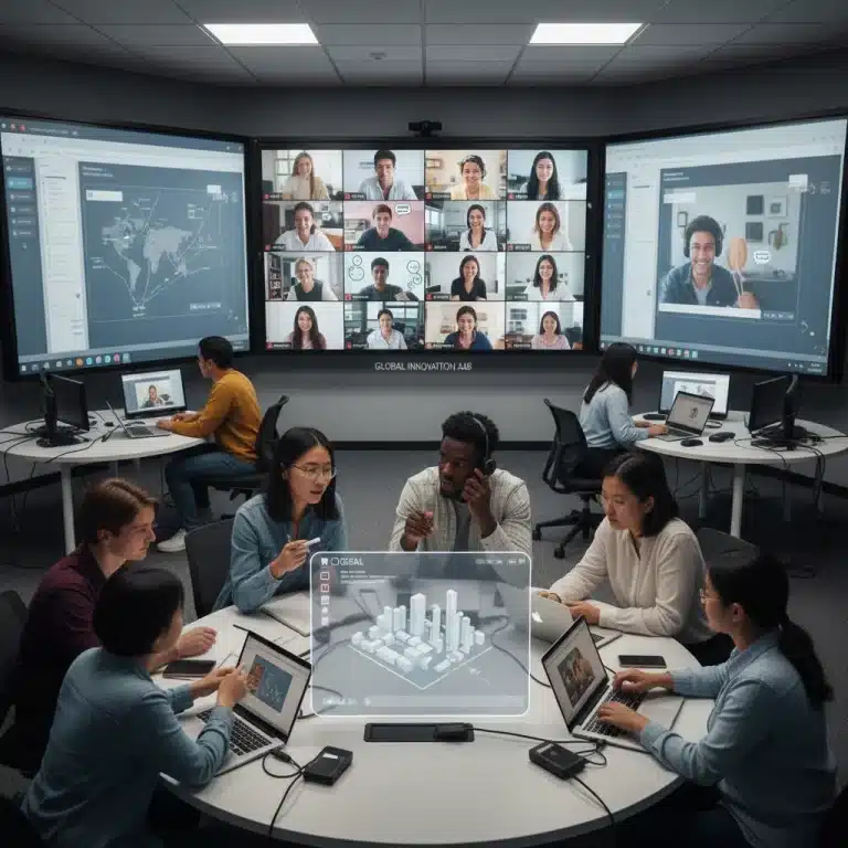 Students engaged in a modern hybrid learning environment, combining in-person and remote participation with technology.