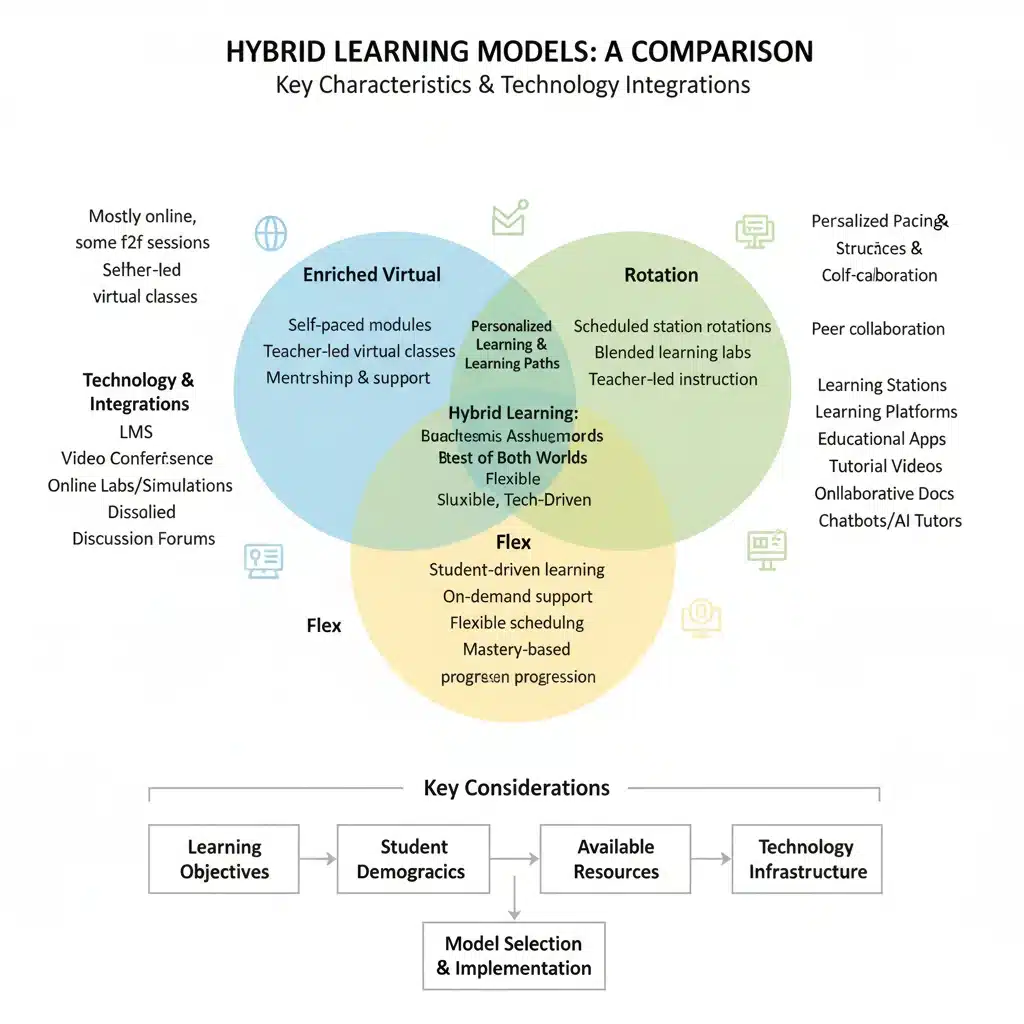 Infographic comparing various hybrid learning models and their core features.