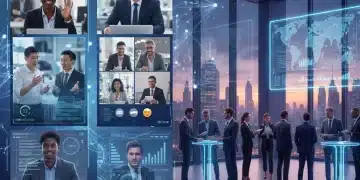 Professionals networking in a modern hybrid environment, blending virtual and in-person interactions.