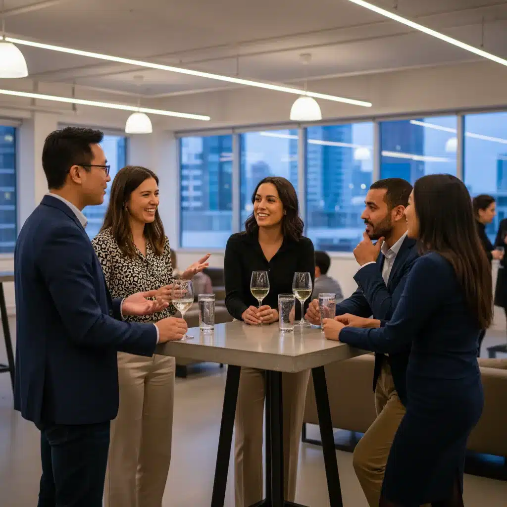 Diverse professionals having an engaging conversation at an in-person networking event.