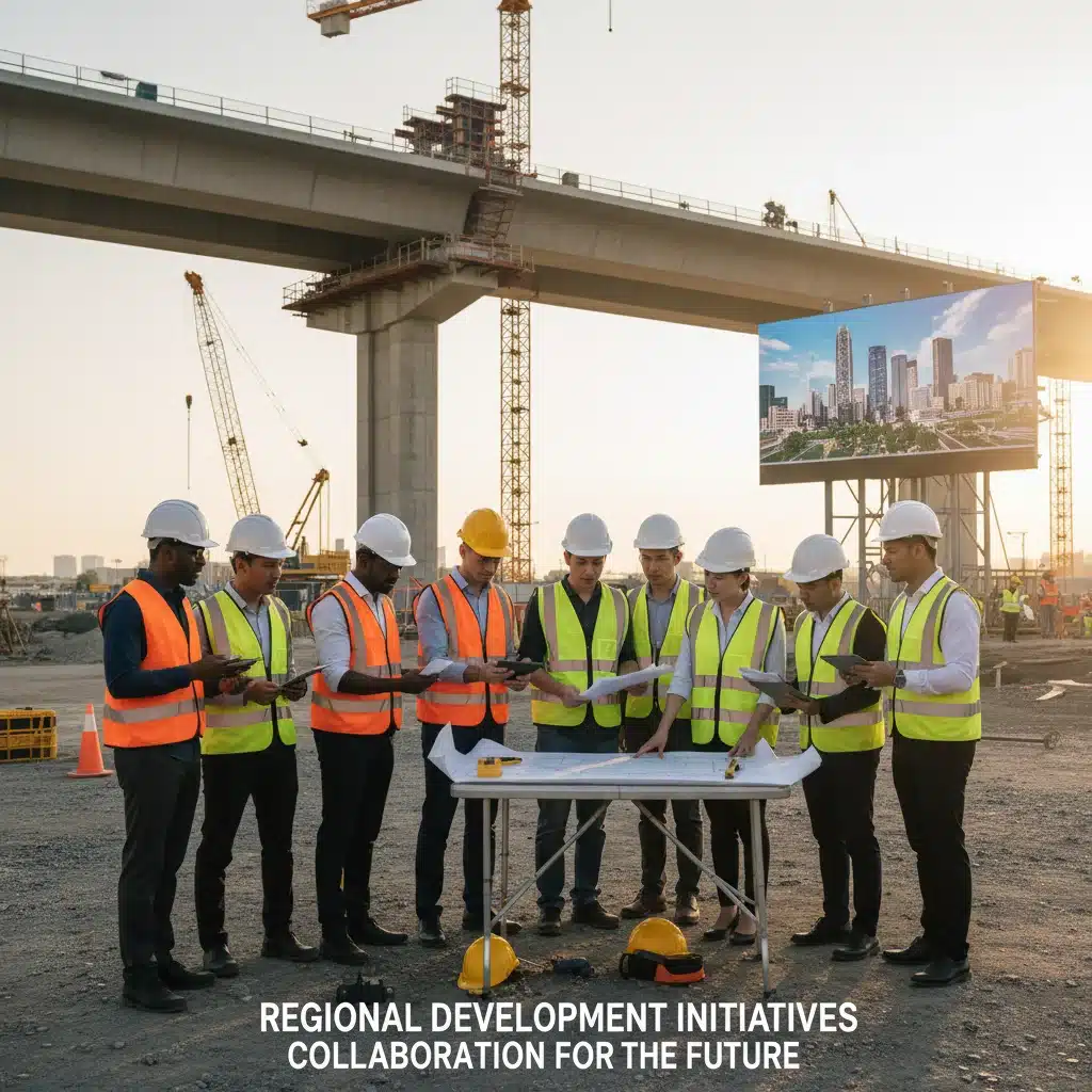 Construction workers and engineers collaborating on a modern infrastructure project