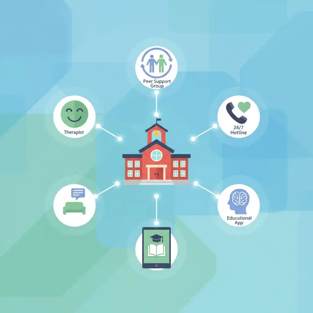 Integrated mental health resources network for students, including therapy, peer support, and apps.