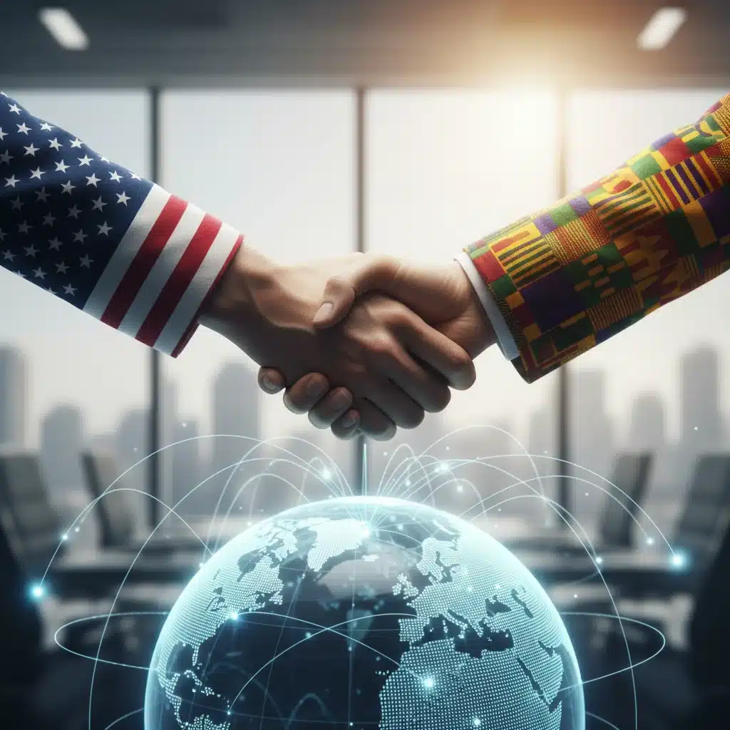 Diplomatic handshake over a globe, symbolizing international trade negotiations and global relations.