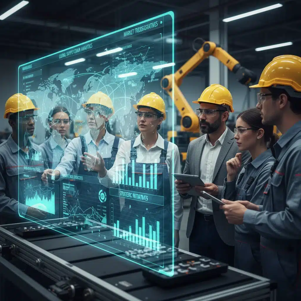 Manufacturing team analyzing global supply chain data