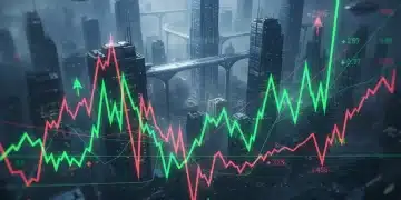 Dynamic stock market chart showing volatility with futuristic city background, representing 2026 economic outlook.