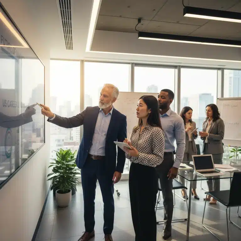 Experienced mentor guiding young professional in modern US office setting