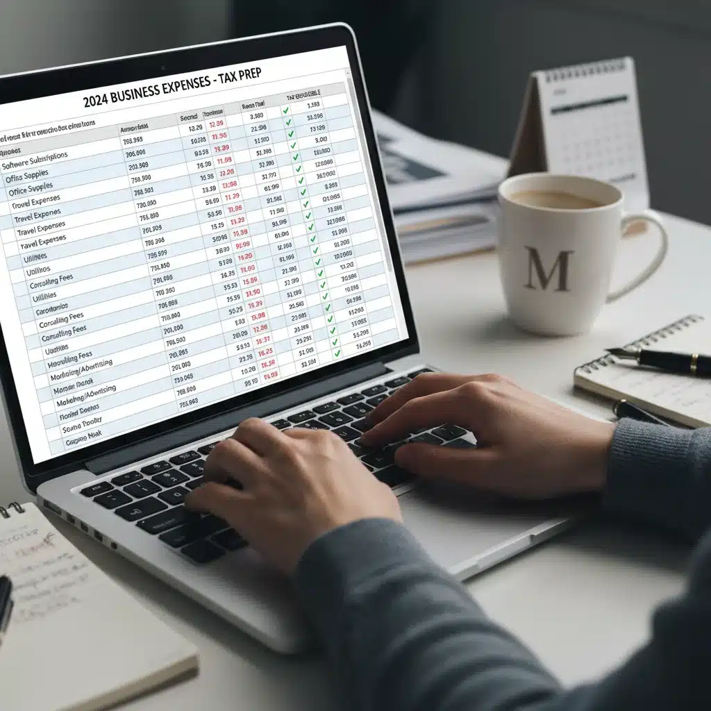 Hands typing on laptop, meticulously tracking expenses for tax deductions.