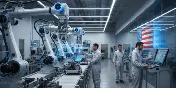 Modern U.S. manufacturing facility with robots and workers