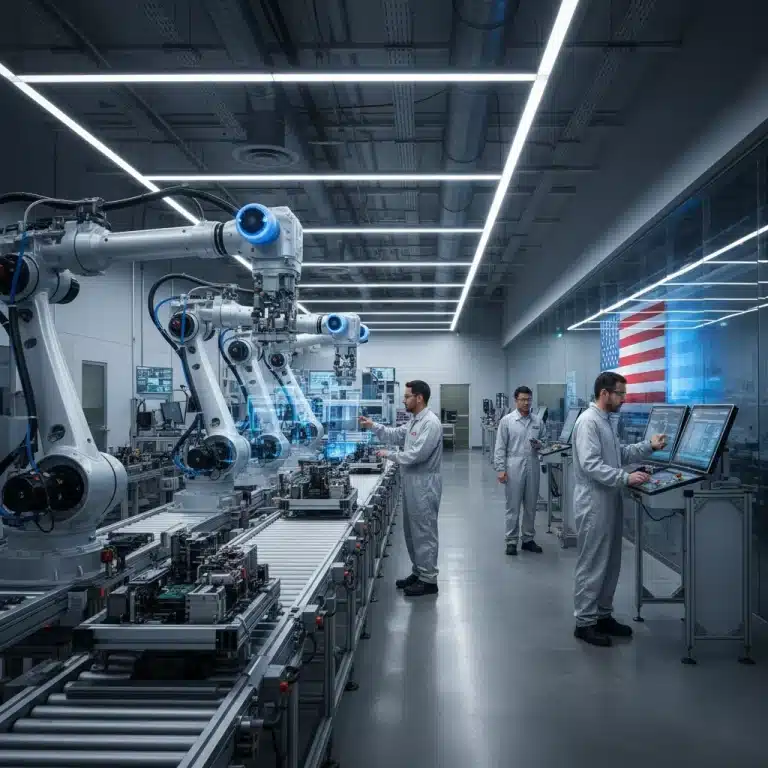 Modern U.S. manufacturing facility with robots and workers