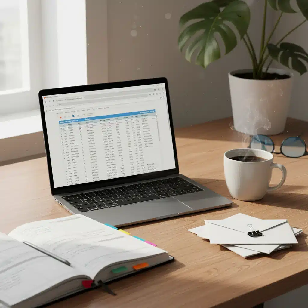 Desk with planner, laptop showing budget, and coffee for financial review.