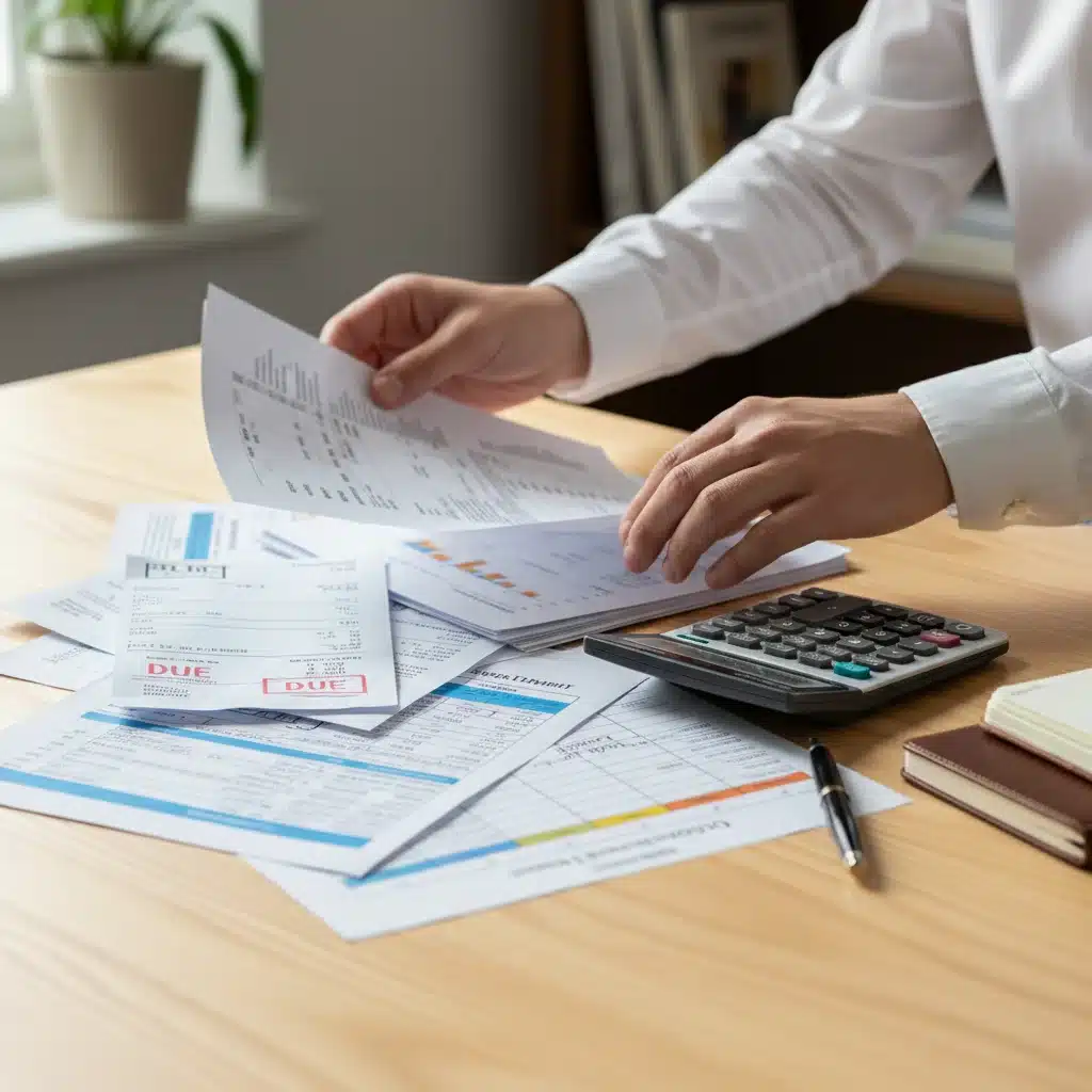 Hand organizing financial documents, calculator, and pen on desk