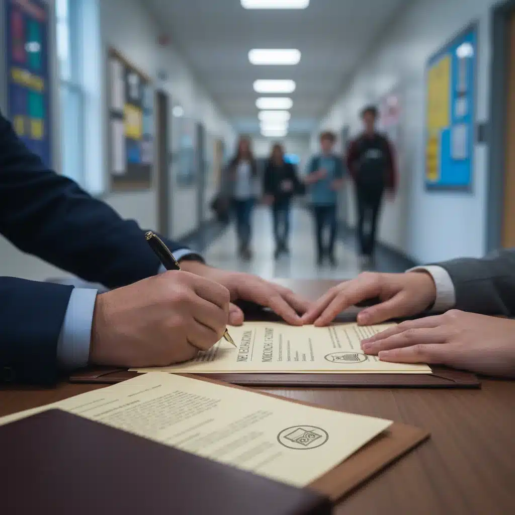 Hands signing a new education policy document, representing legislative changes.