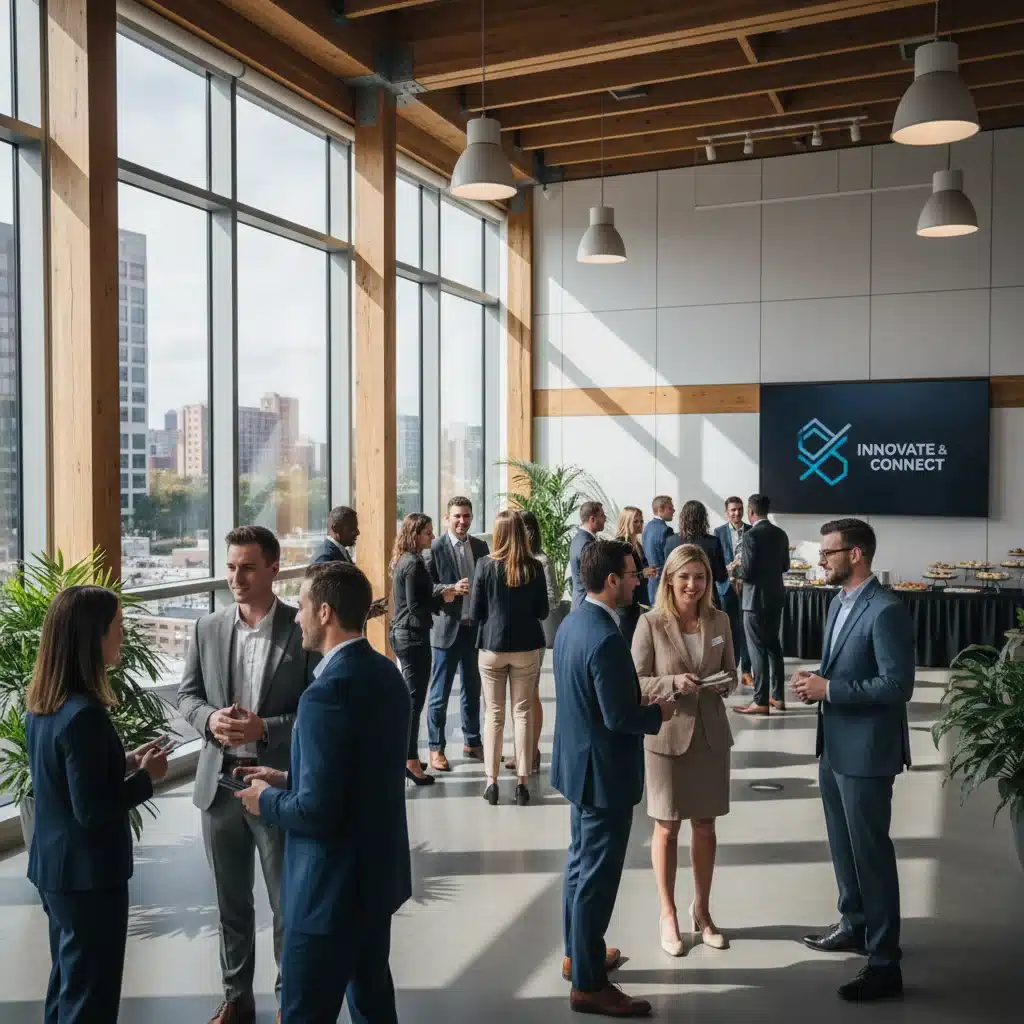 Professionals networking and exchanging business cards at a lively event.