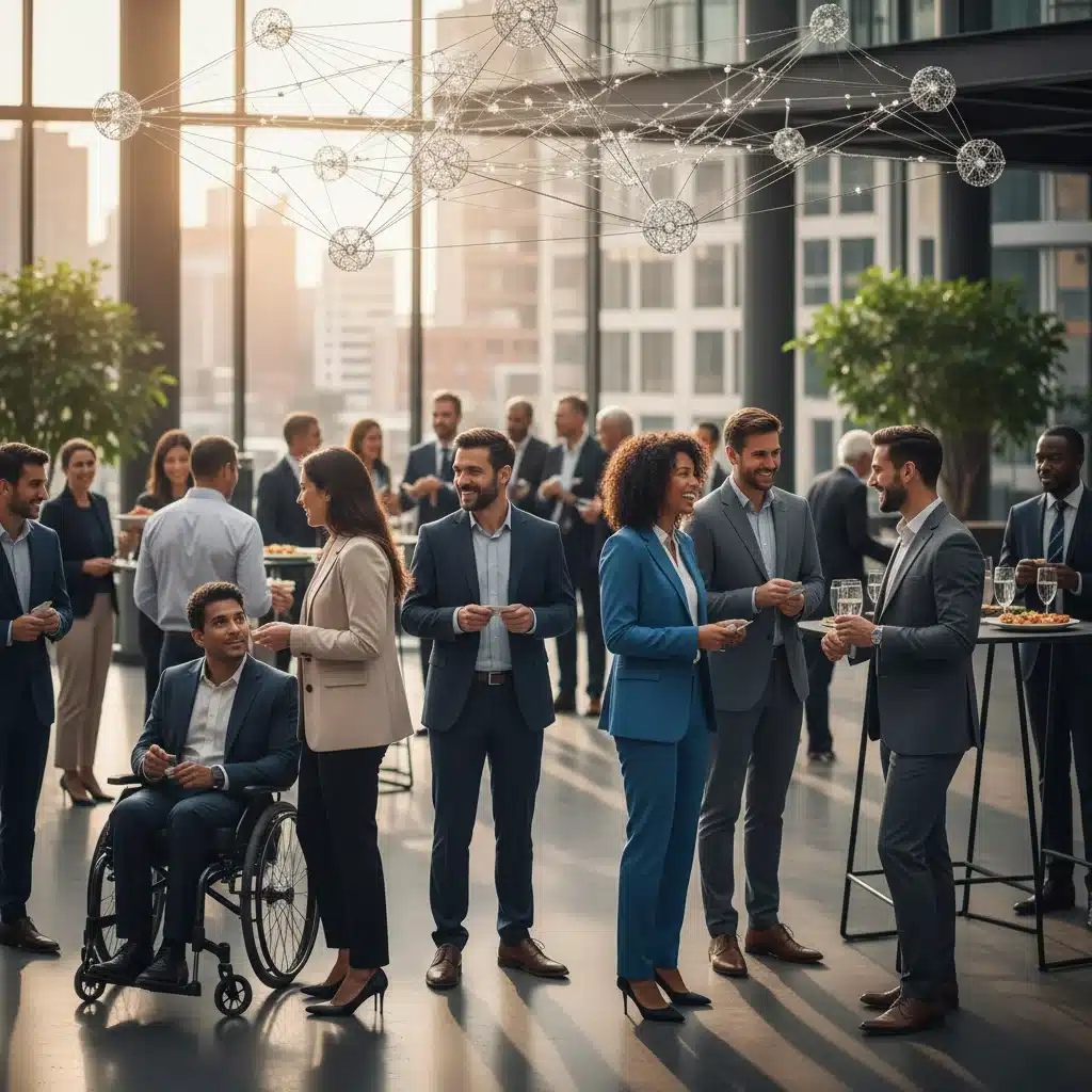 Diverse professionals networking and exchanging business cards