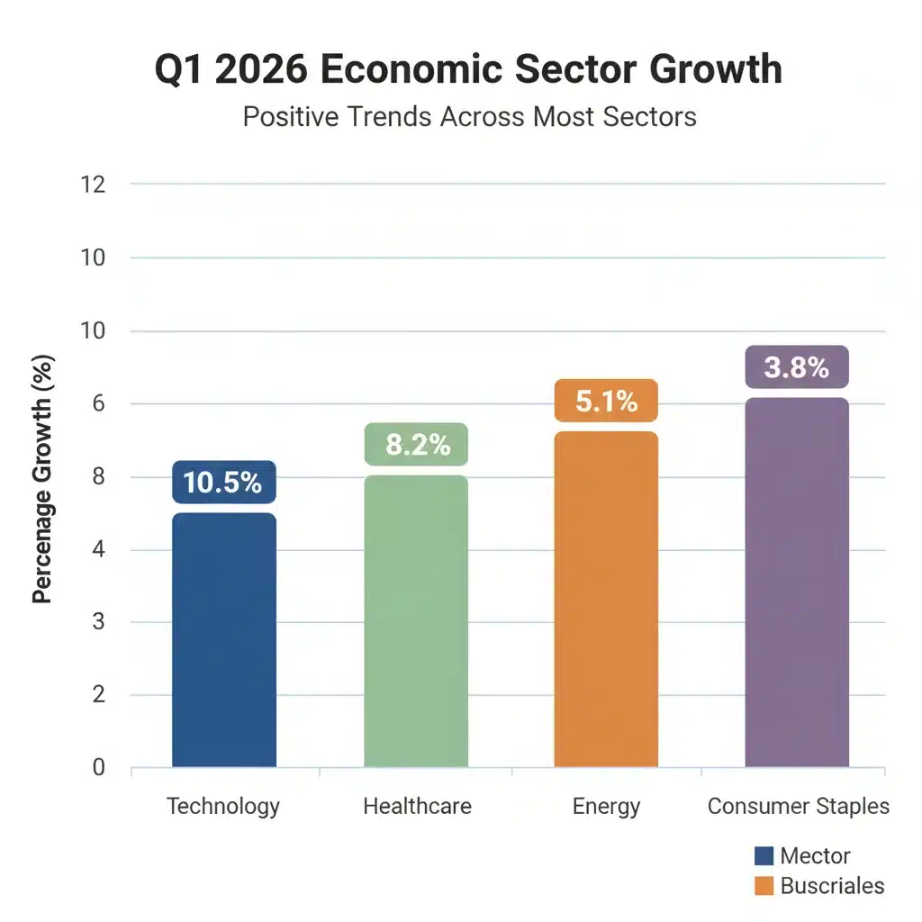 Sectoral performance comparison chart Q1 2026 showing technology and healthcare leading