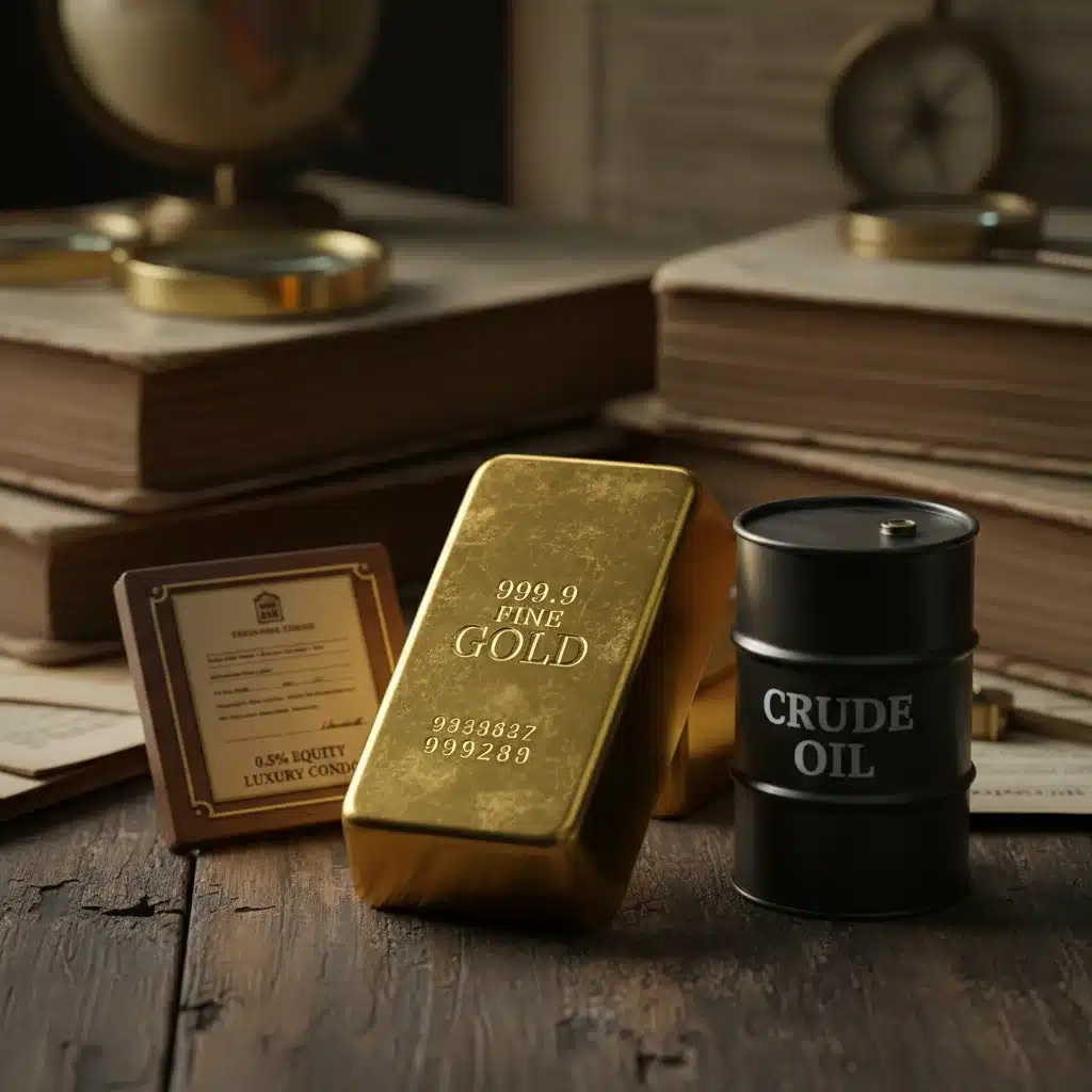 Gold bar, real estate deed, and oil barrel representing real asset investments.