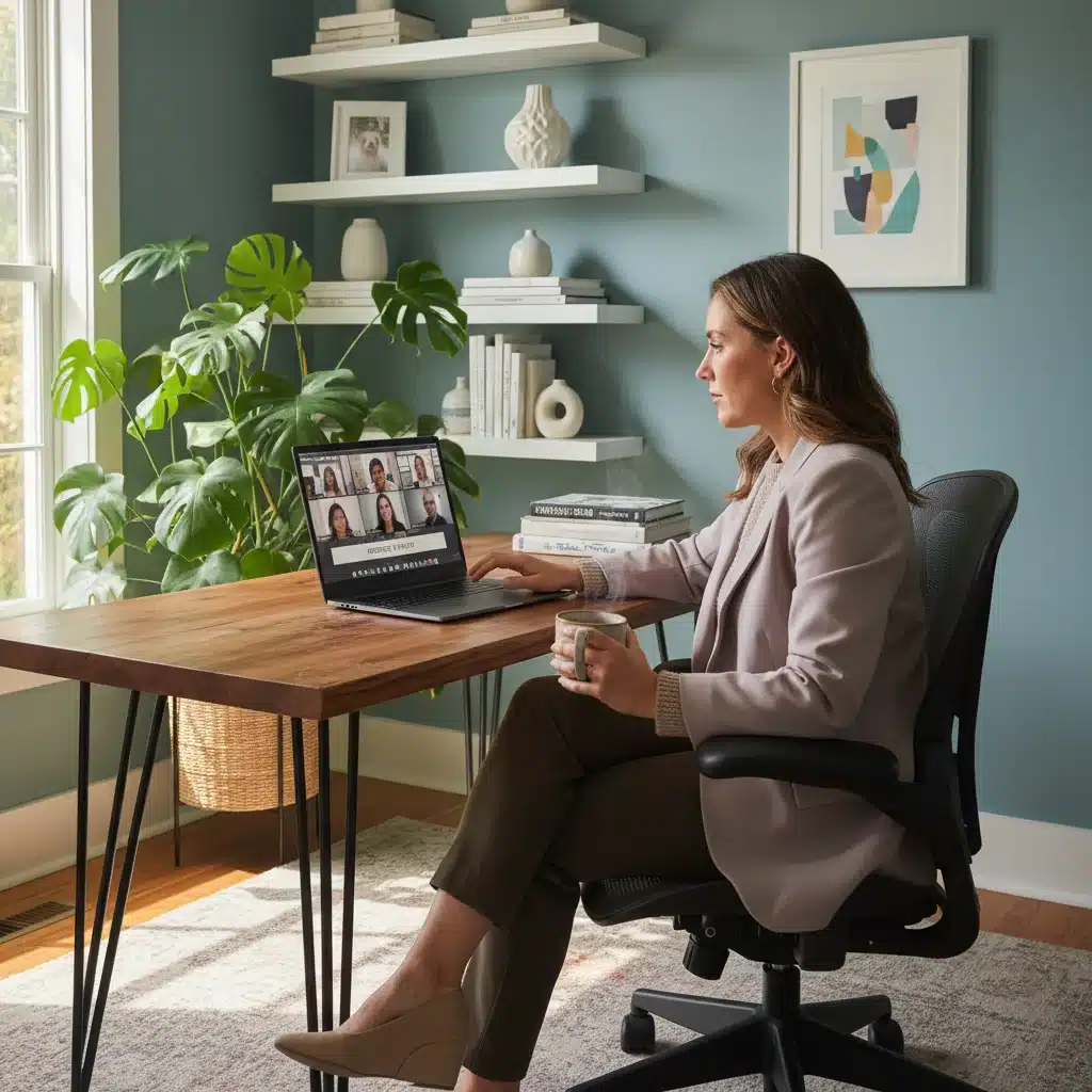 Remote professional engaged in a virtual meeting from home office