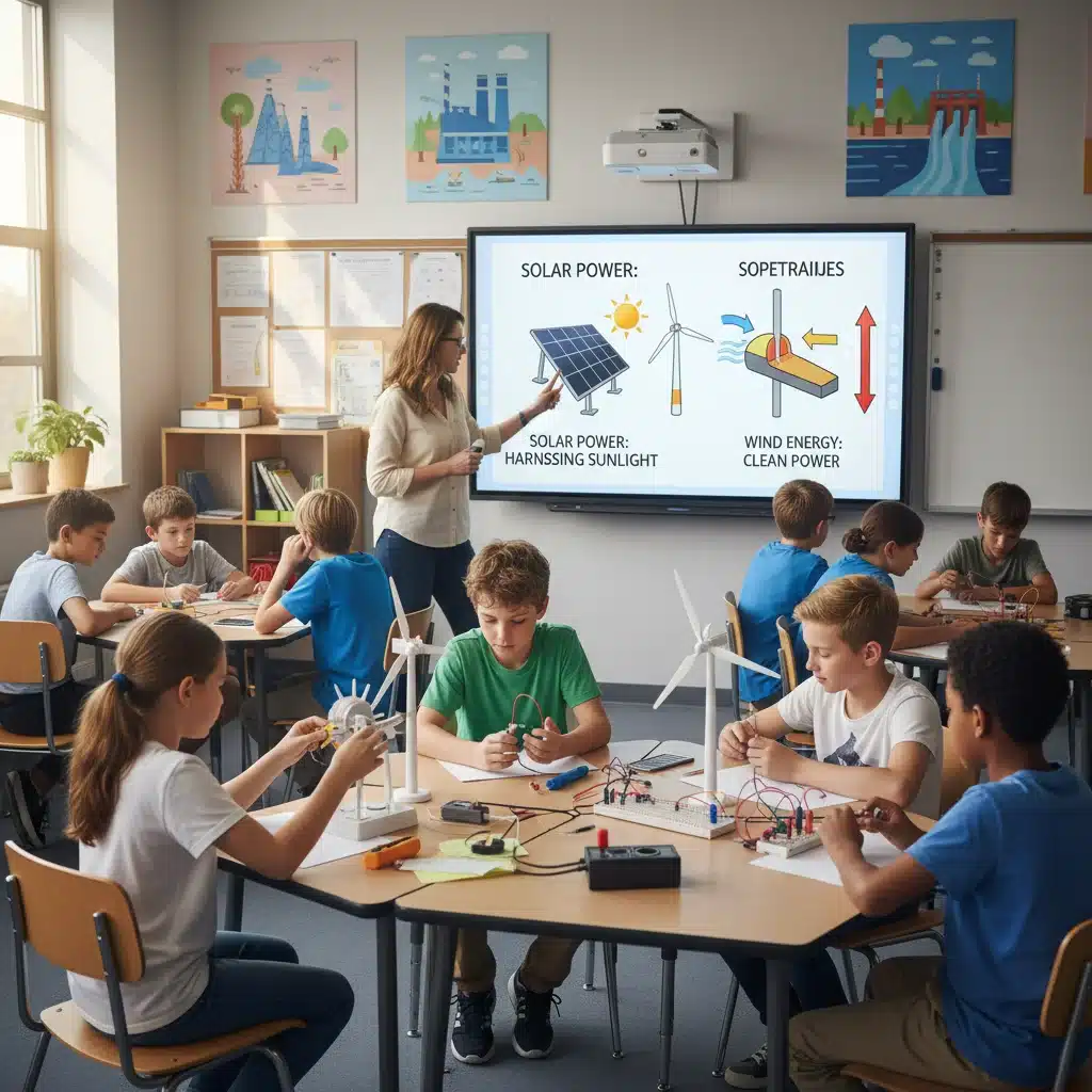 Students engaged in a renewable energy project in a modern classroom.