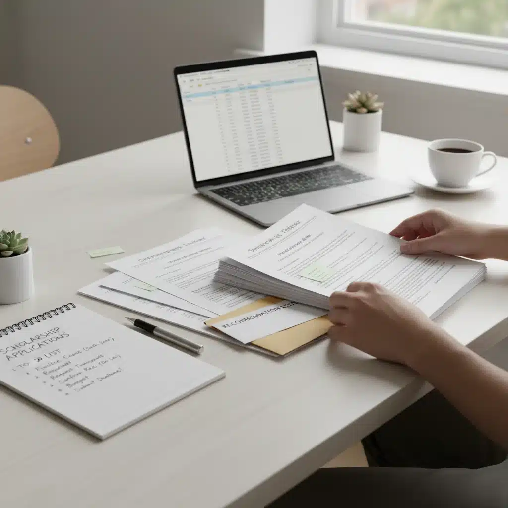 Organized student preparing scholarship applications with documents and notes.
