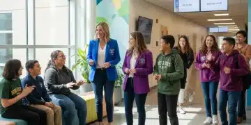Students and staff engaging positively in a school hallway, representing strong mental health support.