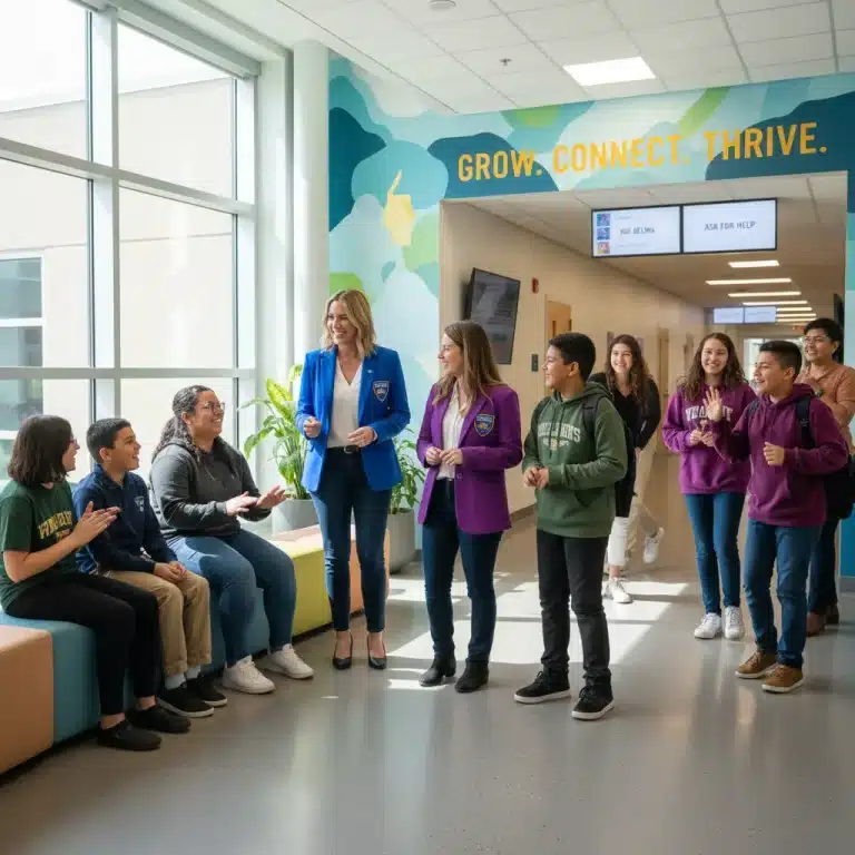 Students and staff engaging positively in a school hallway, representing strong mental health support.
