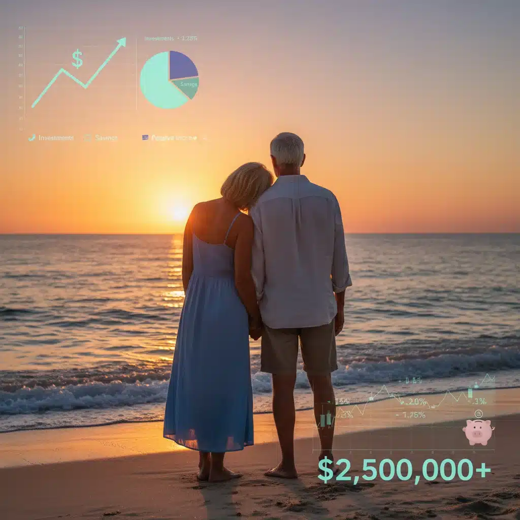 Happy retired couple enjoying sunset on beach, symbolizing financial security