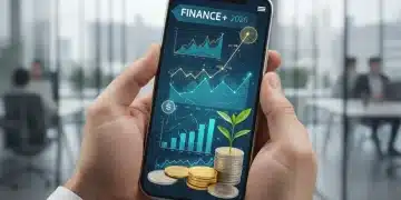 Smart Money Habits 2026: Daily Routine for Financial Wellness Hands holding smartphone with financial app and coins, symbolizing smart money habits.