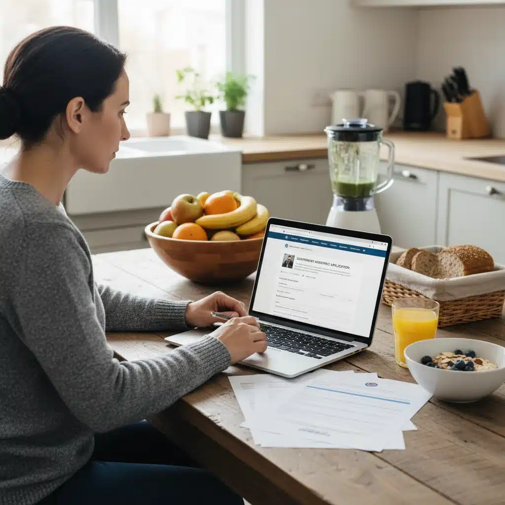 Person reviewing SNAP application documents on a laptop.