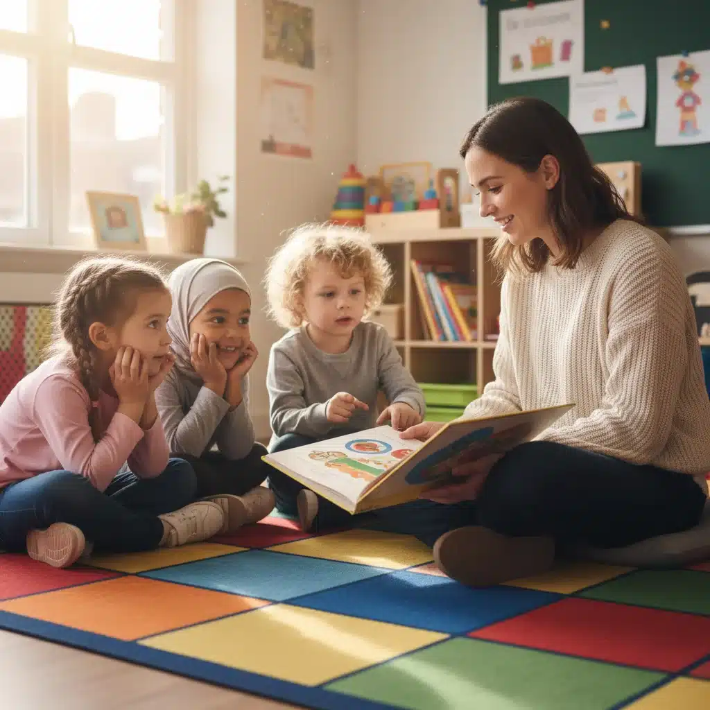 Children in a circle with an educator, focusing on social-emotional learning and group interaction.