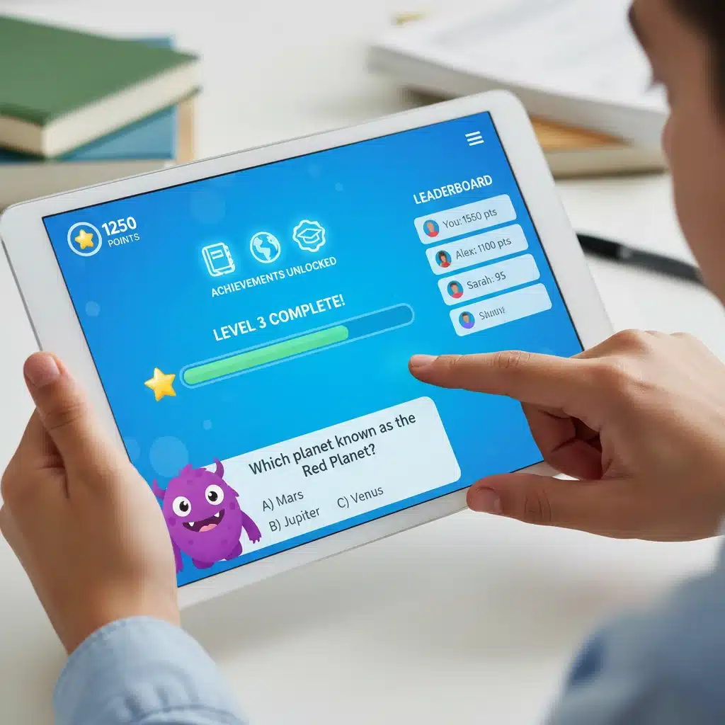 Student interacting with an educational game on a tablet, showing gamified progress.