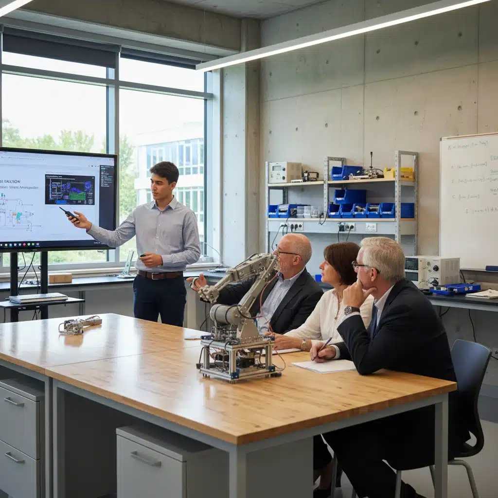 Student presenting a project prototype to mentors in a university lab