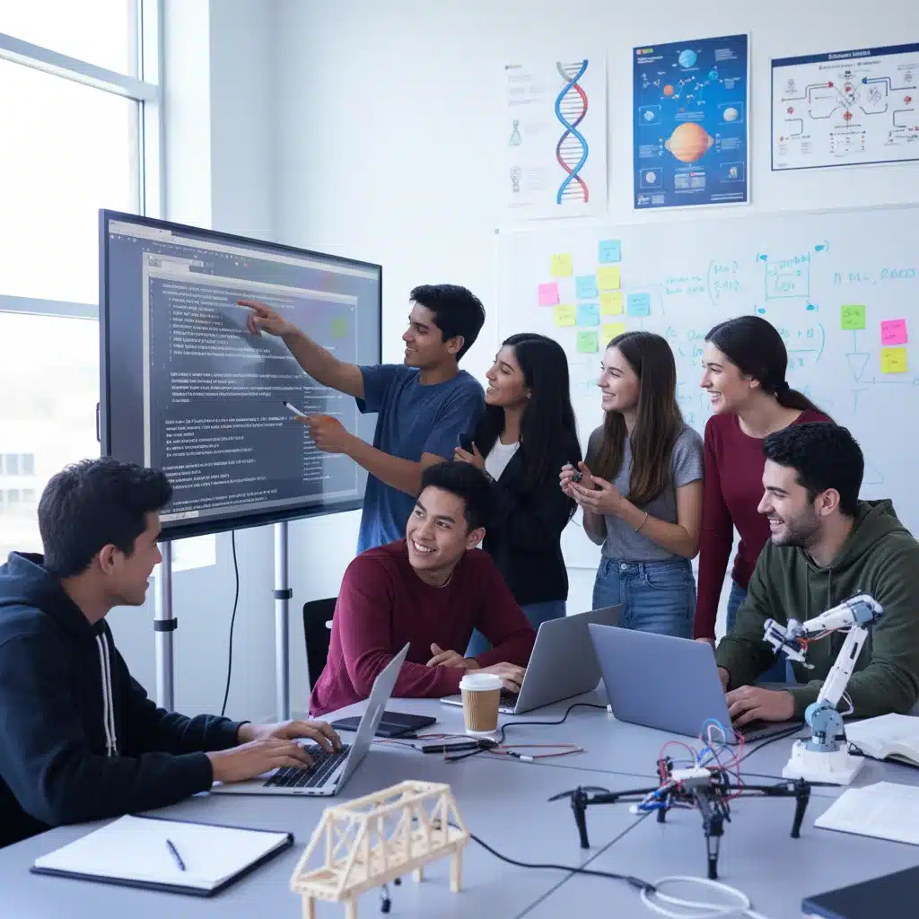 High school students collaborating on a coding project in a STEM classroom