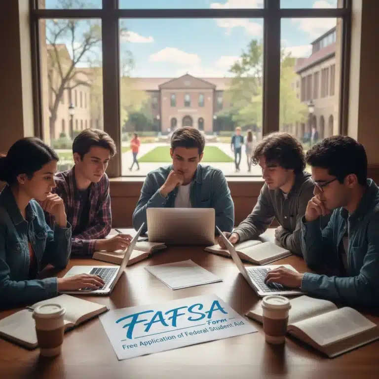Students reviewing 2026 federal student aid documents and FAFSA forms