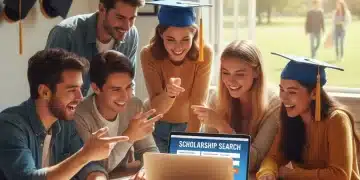 Students celebrating finding scholarship opportunities online, symbolizing academic funding success.