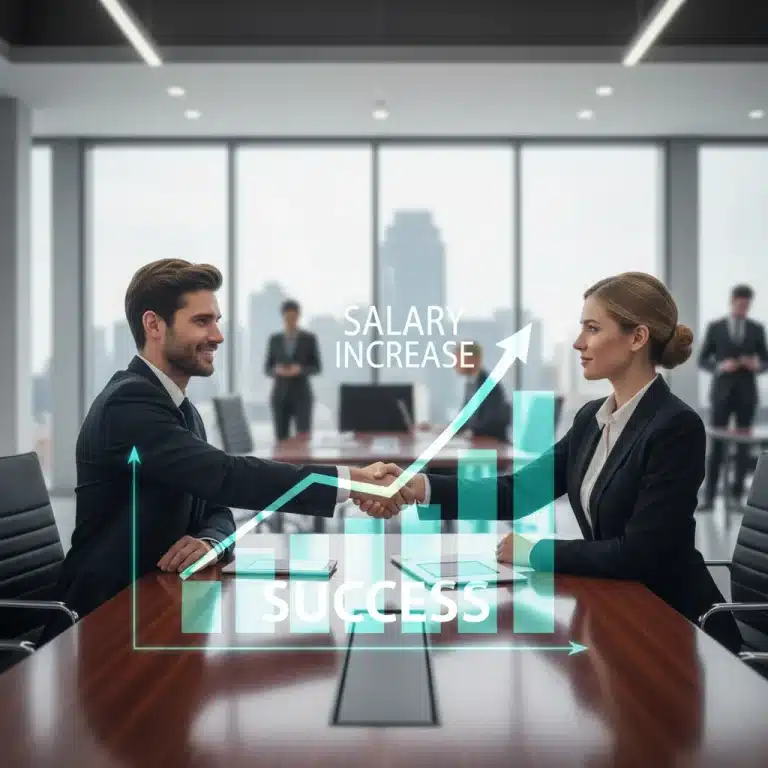 Two professionals shaking hands, symbolizing a successful salary negotiation and career advancement.