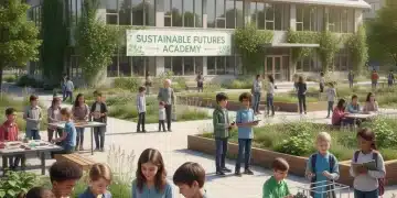 Sustainable Education Models: What 3 US States are Implementing by Mid-2026 Students learning outdoors in an eco-friendly school environment with green infrastructure.