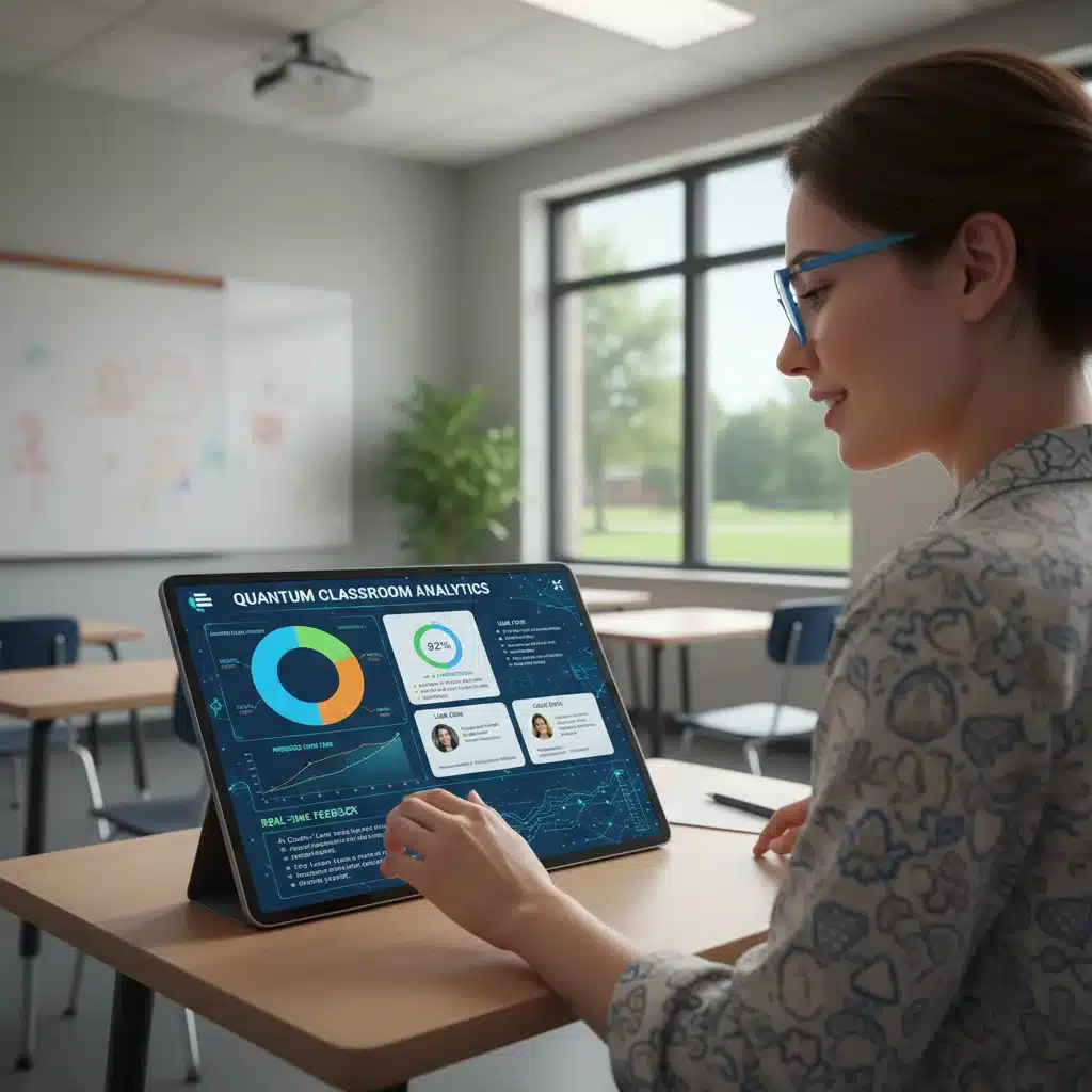 Teacher analyzing AI-driven student performance data and adaptive learning paths.