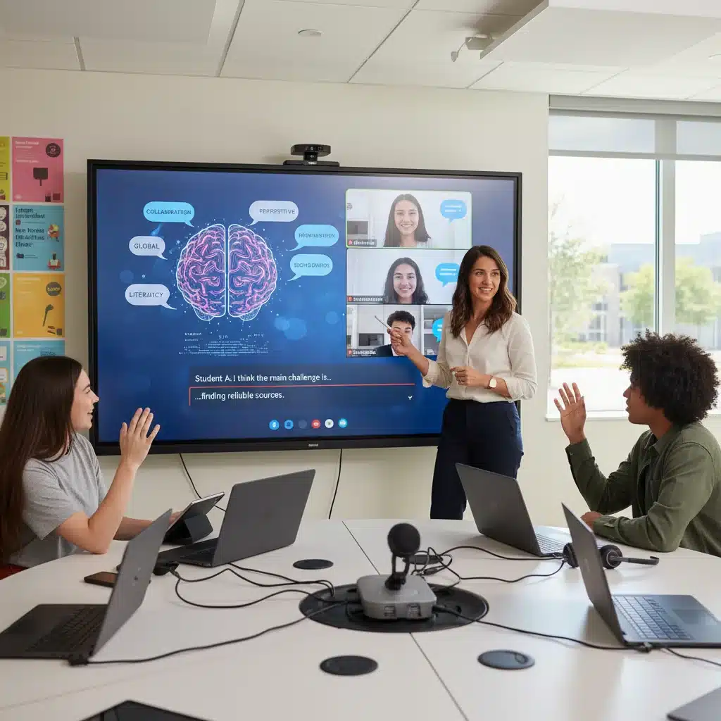 Teacher leading a dynamic hybrid classroom discussion with both physical and virtual students.