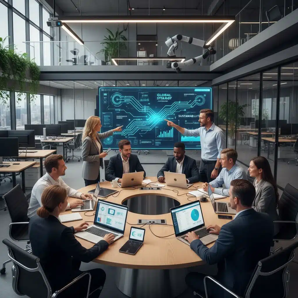 Professionals collaborating in a modern office, representing technological innovation and productivity