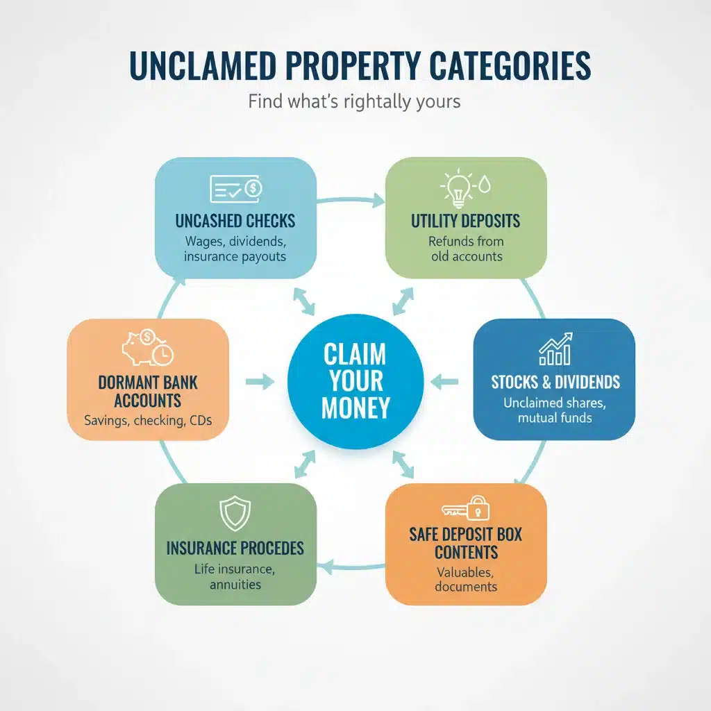 Infographic illustrating types of unclaimed government benefits and property