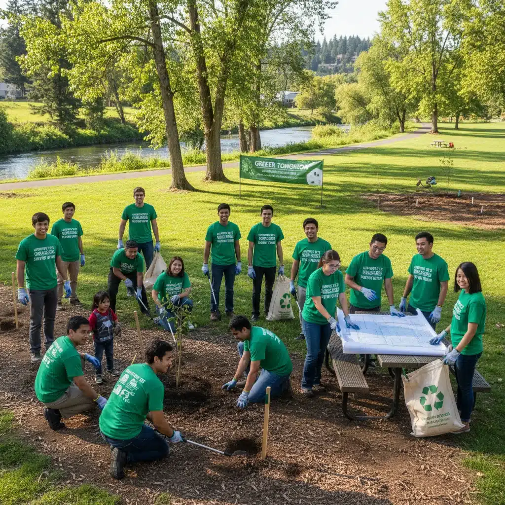 University students engaged in a community environmental project