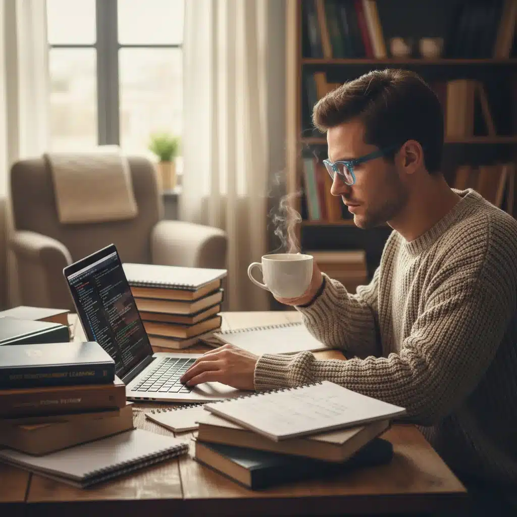 Individual focused on online learning and skill development at a desk.