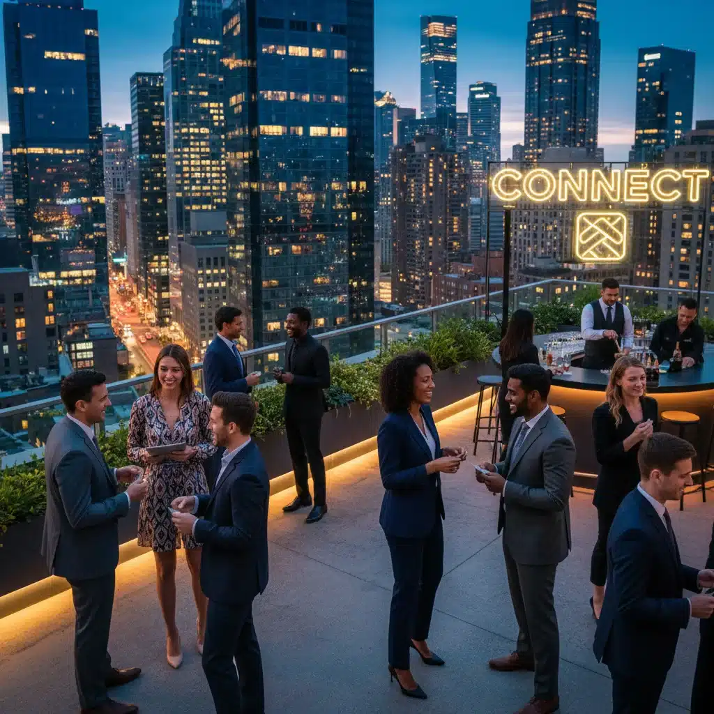 Professionals networking at a US career event
