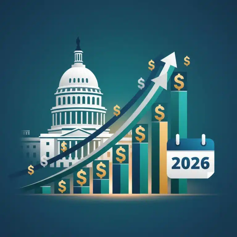 Stylized graphic depicting economic growth and U.S. GDP projections for 2026