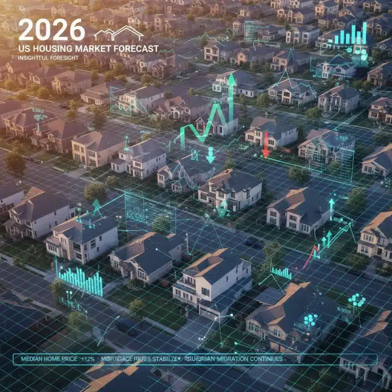Futuristic visualization of US housing market trends for 2026, with data overlays