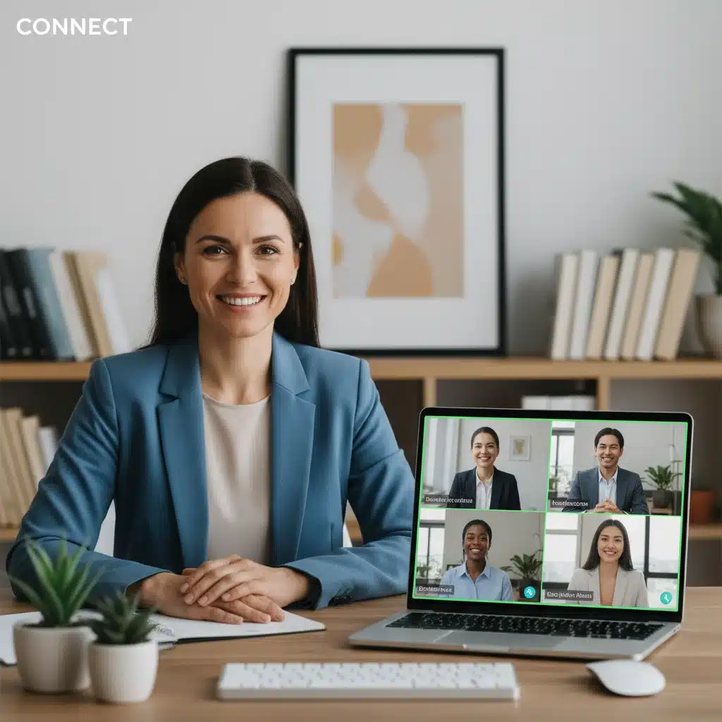 Professional engaging in a virtual networking event from a home office setup.